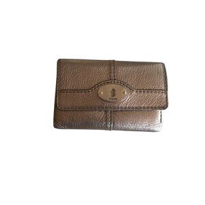 Fossil Metallic Leather Tri-Fold Wallet With Snap Closure & Multiple Card Slots